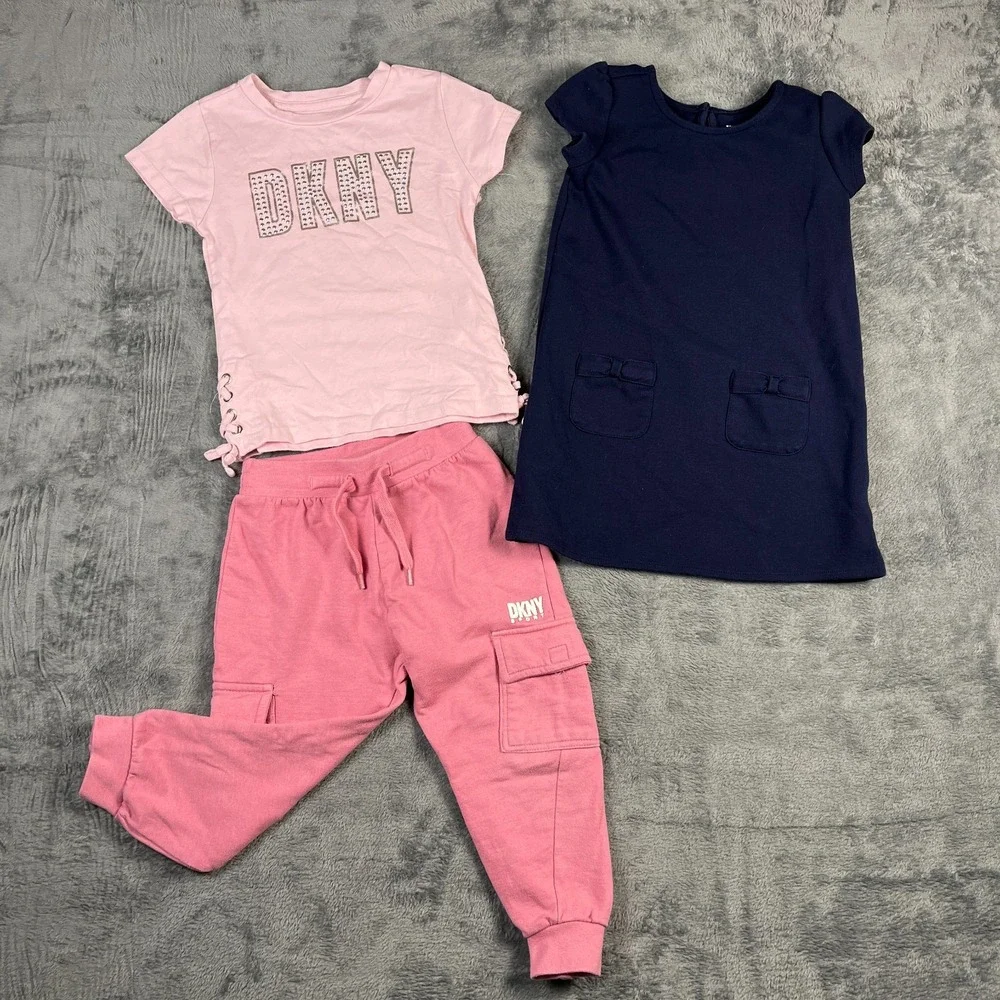 DKNY & Childrens Place Girls 4T Outfit Lot 3pc Pink Fleece Pants Tee Navy Dress